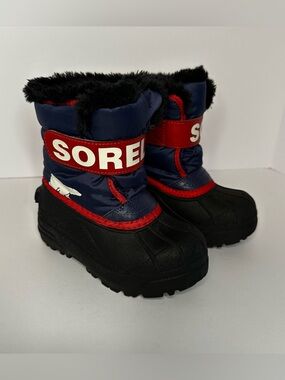 Sorel Snow Commander Winter Boots Navy/Red  Toddler Boys Size 10 Faux Fur Lined